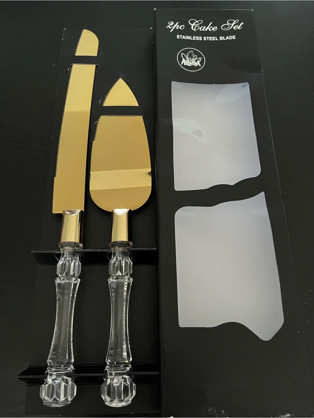 2pc Goldtone Cake Knife & Server Set with Clear Faceted Handles- Stainless Steel